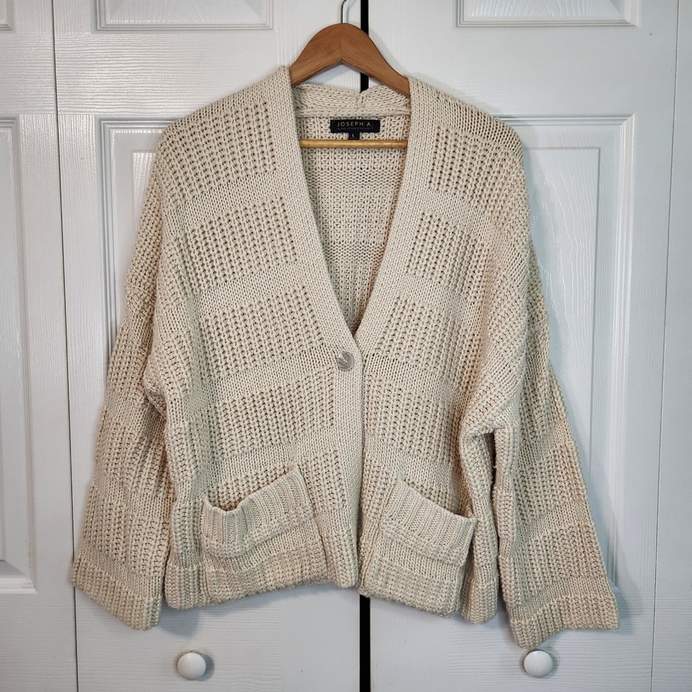 Joseph A Womens Cream Chunky Knit Wool Blend Cardigan Sweater Large Button Hygge